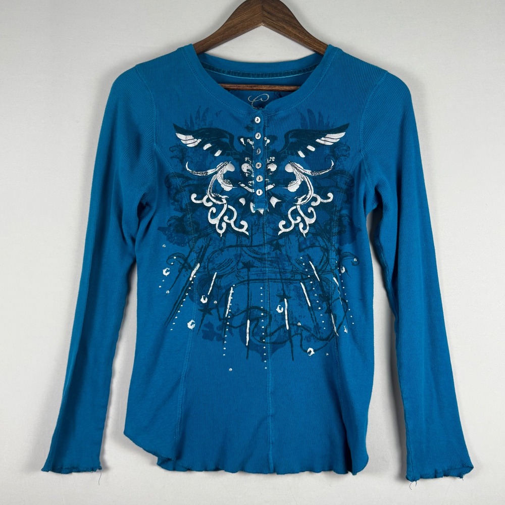 Currants Henley Top Juniors XL Blue Excellent Vintage 2010 Y2K Grunge Rhinestone